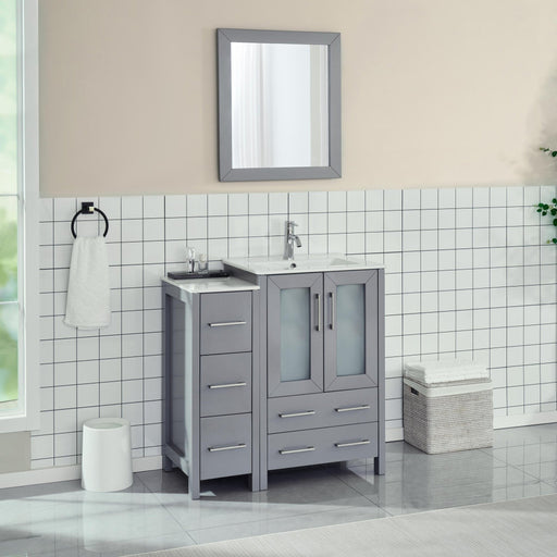 36" Single Sink Modern Bathroom Vanity Set with Ceramic Top & Free Mirror – Storage Cabinet with 1 Side Cabinet VA3024-36 - HomeBeyond