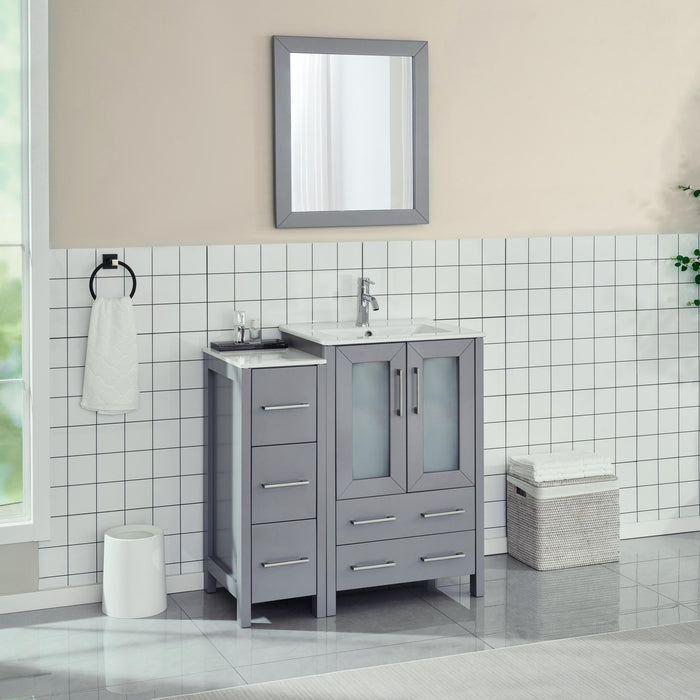 36" Single Sink Modern Bathroom Vanity Set with Ceramic Top & Free Mirror – Storage Cabinet with 1 Side Cabinet VA3024-36 - HomeBeyond