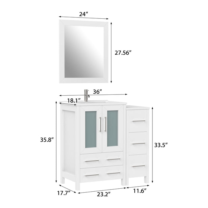 36" Single Sink Modern Bathroom Vanity Set with Ceramic Top & Free Mirror – Storage Cabinet with 1 Side Cabinet VA3024-36 - HomeBeyond