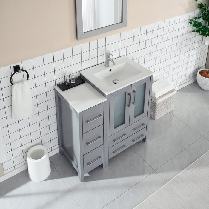 36" Single Sink Modern Bathroom Vanity Set with Ceramic Top & Free Mirror – Storage Cabinet with 1 Side Cabinet VA3024-36 - HomeBeyond