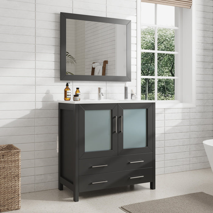 36" Single Sink Modern Bathroom Vanity Set with Ceramic Top & Free Mirror – Storage Cabinet with 2 Drawers VA3036 - HomeBeyond