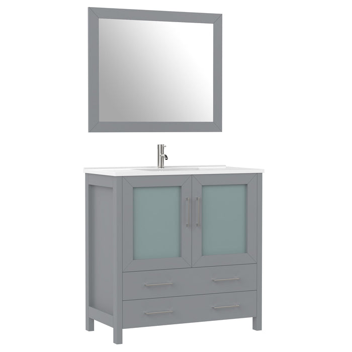 36" Single Sink Modern Bathroom Vanity Set with Ceramic Top & Free Mirror – Storage Cabinet with 2 Drawers VA3036 - HomeBeyond
