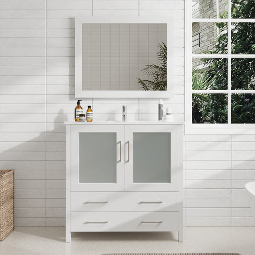 36" Single Sink Modern Bathroom Vanity Set with Ceramic Top & Free Mirror – Storage Cabinet with 2 Drawers VA3036 - HomeBeyond