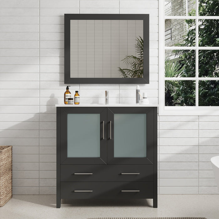 36" Single Sink Modern Bathroom Vanity Set with Ceramic Top & Free Mirror – Storage Cabinet with 2 Drawers VA3036 - HomeBeyond