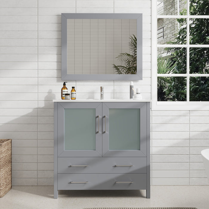 36" Single Sink Modern Bathroom Vanity Set with Ceramic Top & Free Mirror – Storage Cabinet with 2 Drawers VA3036 - HomeBeyond