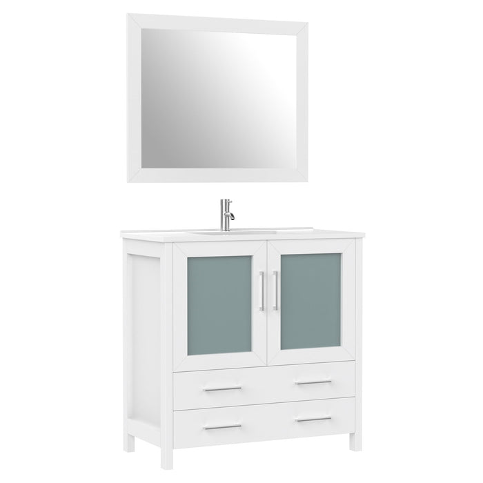 36" Single Sink Modern Bathroom Vanity Set with Ceramic Top & Free Mirror – Storage Cabinet with 2 Drawers VA3036 - HomeBeyond