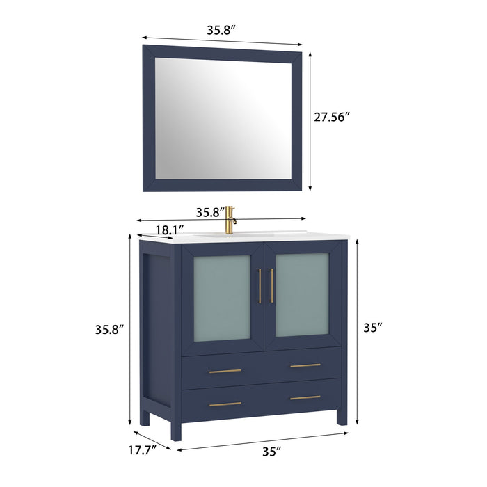 36" Single Sink Modern Bathroom Vanity Set with Ceramic Top & Free Mirror – Storage Cabinet with 2 Drawers VA3036 - HomeBeyond