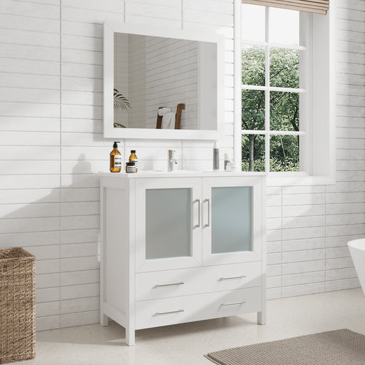 36" Single Sink Modern Bathroom Vanity Set with Ceramic Top & Free Mirror – Storage Cabinet with 2 Drawers VA3036 - HomeBeyond