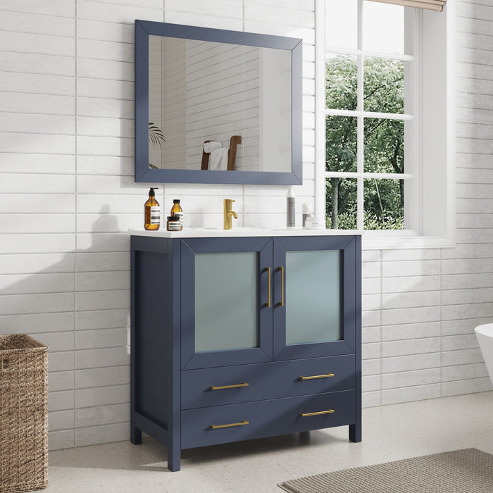 36" Single Sink Modern Bathroom Vanity Set with Ceramic Top & Free Mirror – Storage Cabinet with 2 Drawers VA3036 - HomeBeyond