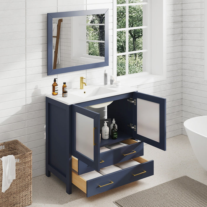 36" Single Sink Modern Bathroom Vanity Set with Ceramic Top & Free Mirror – Storage Cabinet with 2 Drawers VA3036 - HomeBeyond