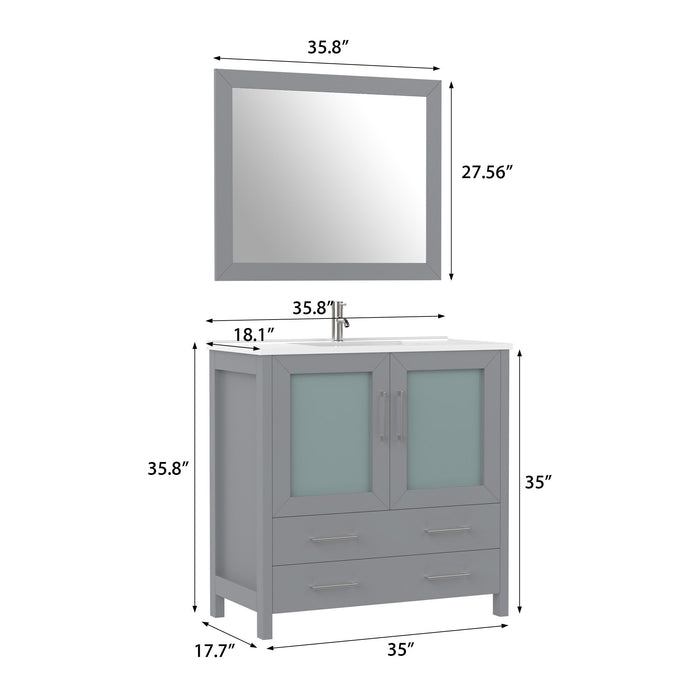 36" Single Sink Modern Bathroom Vanity Set with Ceramic Top & Free Mirror – Storage Cabinet with 2 Drawers VA3036 - HomeBeyond