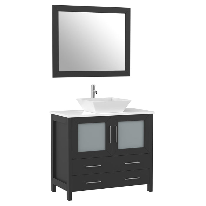 36" Single Sink Modern Bathroom Vanity Set with White Engineered Marble Top & Free Mirror – Storage Cabinet with 2 Drawers VA3136 - HomeBeyond