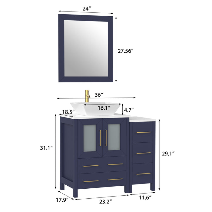 36" Single Sink Modern Bathroom Vanity Set with White Engineered Marble Top & Free Mirror – Storage Cabinet with 5 Drawers VA3124-36 - HomeBeyond