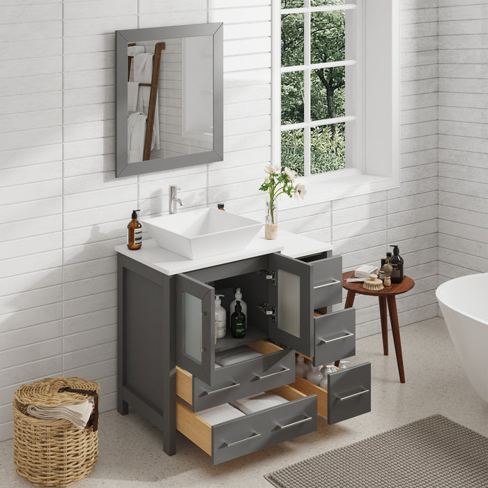 36" Single Sink Modern Bathroom Vanity Set with White Engineered Marble Top & Free Mirror – Storage Cabinet with 5 Drawers VA3124-36 - HomeBeyond