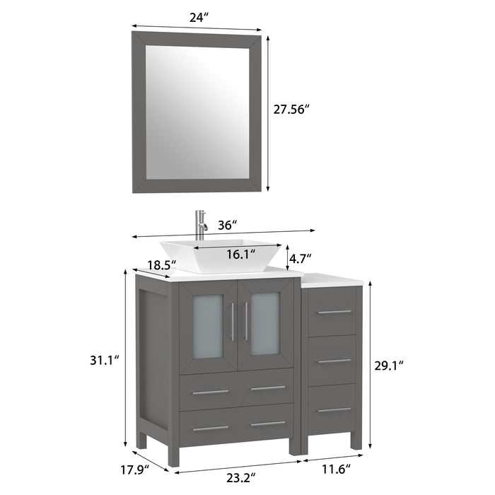 36" Single Sink Modern Bathroom Vanity Set with White Engineered Marble Top & Free Mirror – Storage Cabinet with 5 Drawers VA3124-36 - HomeBeyond