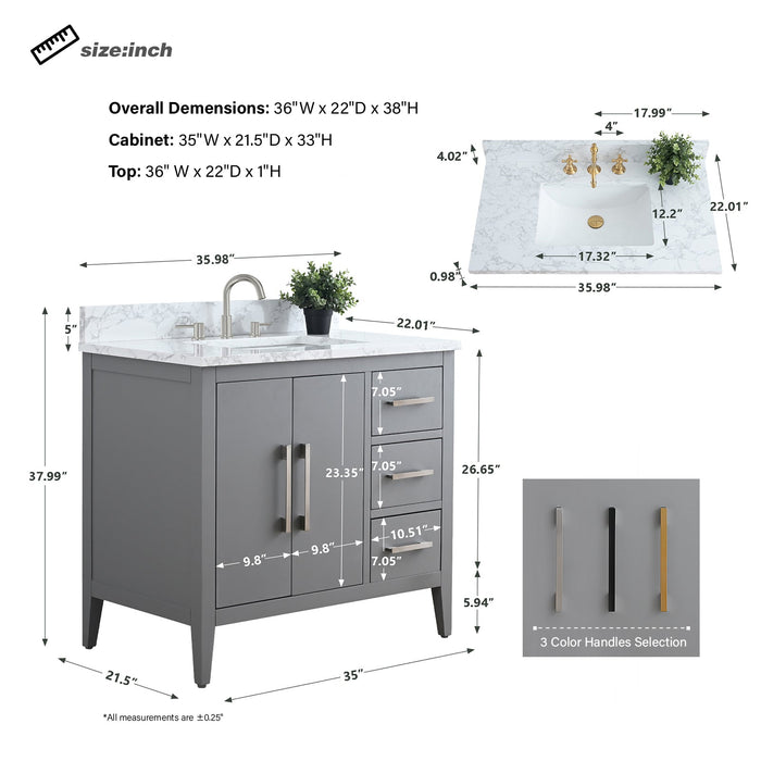 36" Single Sink Modern Freestanding Bathroom Vanity Set with Arabescato White Engineered Marble Top – Storage Cabinet with Soft-Closing Doors & Drawers VA9036 - HomeBeyond