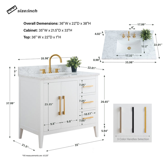 36" Single Sink Modern Freestanding Bathroom Vanity Set with Arabescato White Engineered Marble Top – Storage Cabinet with Soft-Closing Doors & Drawers VA9036 - HomeBeyond