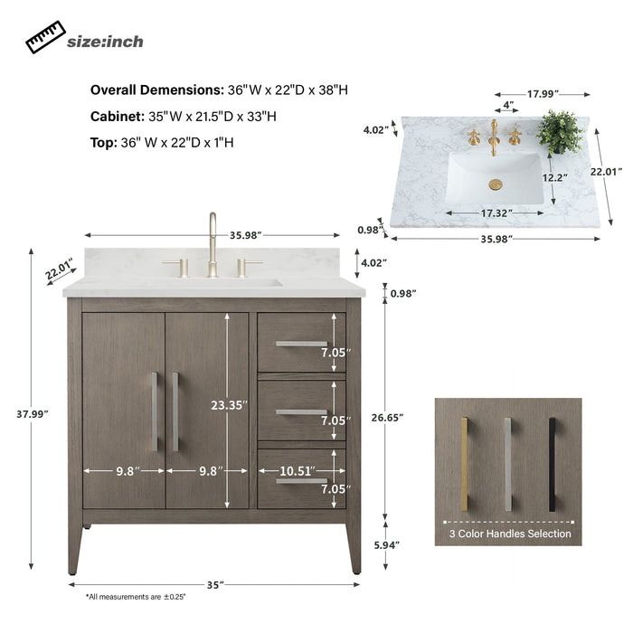 36" Single Sink Modern Freestanding Bathroom Vanity Set with Arabescato White Engineered Marble Top – Storage Cabinet with Soft-Closing Doors & Drawers VA9036 - HomeBeyond