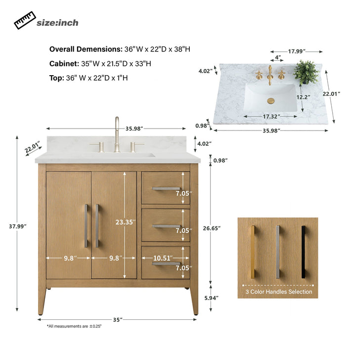 36" Single Sink Modern Freestanding Bathroom Vanity Set with Arabescato White Engineered Marble Top – Storage Cabinet with Soft-Closing Doors & Drawers VA9036 - HomeBeyond