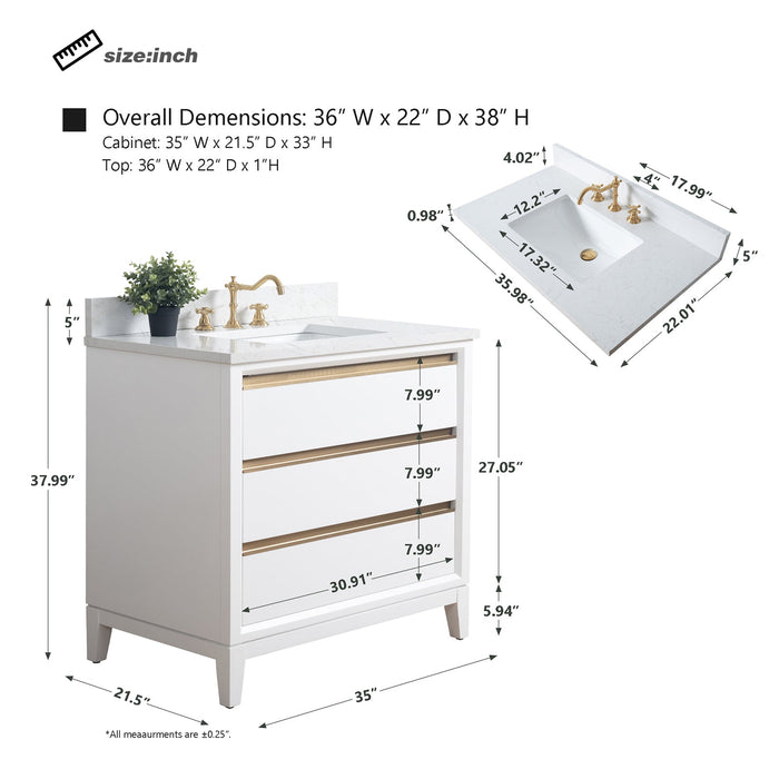 36" Single Sink Modern Freestanding Solid Wood Bathroom Vanity Set with Ariston White Engineered Marble Top – Storage Cabinet with Soft-Closing Drawers VA8036 - HomeBeyond