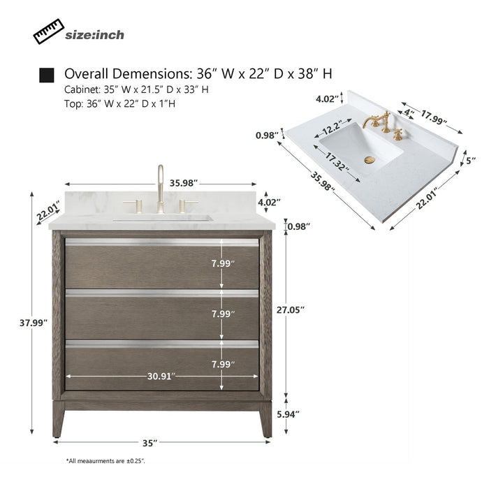 36" Single Sink Modern Freestanding Solid Wood Bathroom Vanity Set with Ariston White Engineered Marble Top – Storage Cabinet with Soft-Closing Drawers VA8036 - HomeBeyond