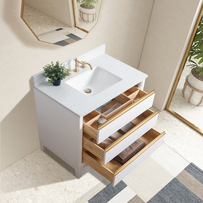 36" Single Sink Modern Freestanding Solid Wood Bathroom Vanity Set with Ariston White Engineered Marble Top – Storage Cabinet with Soft-Closing Drawers VA8036 - HomeBeyond