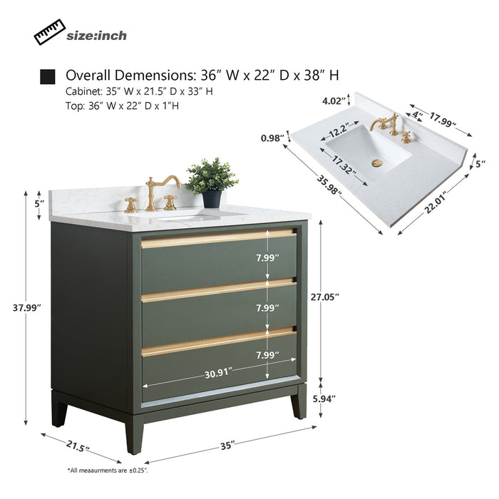 36" Single Sink Modern Freestanding Solid Wood Bathroom Vanity Set with Ariston White Engineered Marble Top – Storage Cabinet with Soft-Closing Drawers VA8036 - HomeBeyond