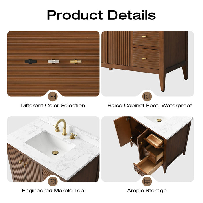 36" Single Sink Modern Freestanding Solid Wood Bathroom Vanity Set with Engineered Marble Top – Storage Cabinet with Soft-Closing Doors & Drawers VA9136 - HomeBeyond