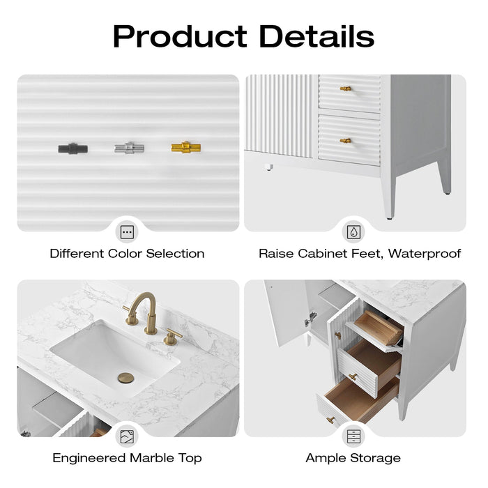 36" Single Sink Modern Freestanding Solid Wood Bathroom Vanity Set with Engineered Marble Top – Storage Cabinet with Soft-Closing Doors & Drawers VA9136 - HomeBeyond