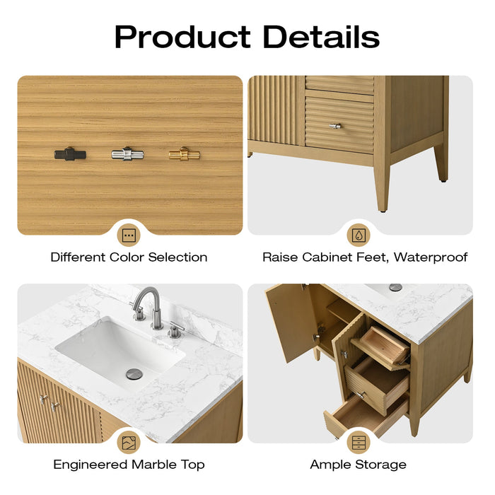 36" Single Sink Modern Freestanding Solid Wood Bathroom Vanity Set with Engineered Marble Top – Storage Cabinet with Soft-Closing Doors & Drawers VA9136 - HomeBeyond