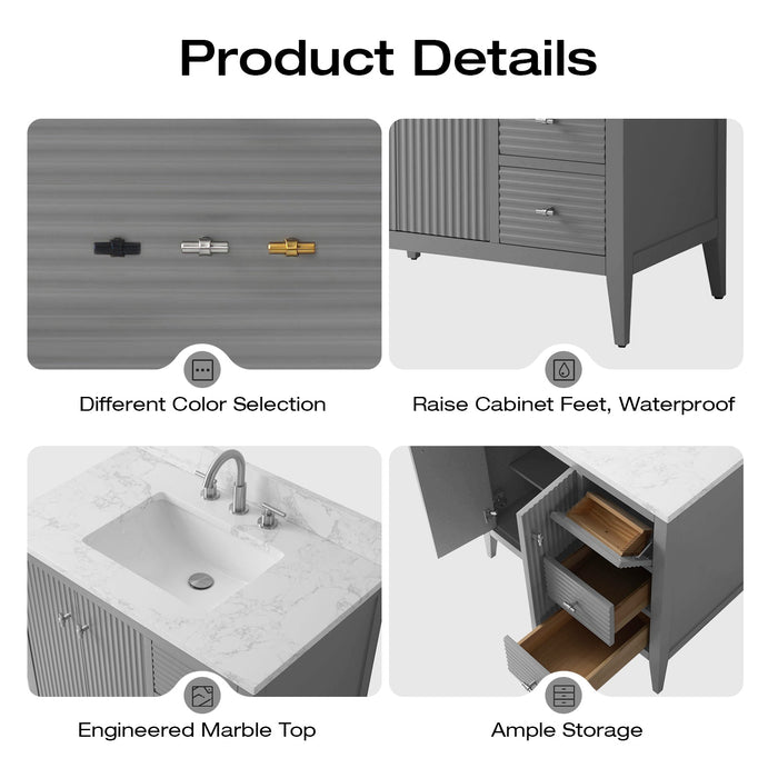36" Single Sink Modern Freestanding Solid Wood Bathroom Vanity Set with Engineered Marble Top – Storage Cabinet with Soft-Closing Doors & Drawers VA9136 - HomeBeyond
