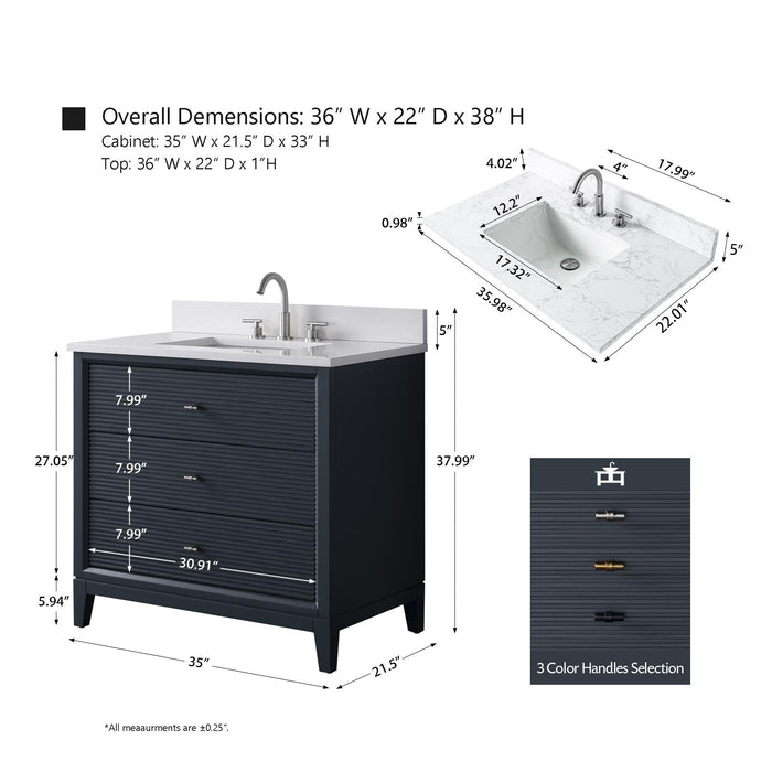 36" Single Sink Modern Freestanding Solid Wood Bathroom Vanity Set with White Engineered Marble Top – Storage Cabinet with Soft-Closing Doors & Drawers VA8136 - HomeBeyond