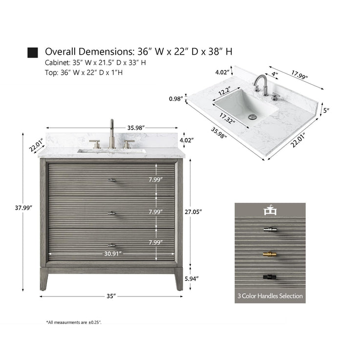 36" Single Sink Modern Freestanding Solid Wood Bathroom Vanity Set with White Engineered Marble Top – Storage Cabinet with Soft-Closing Doors & Drawers VA8136 - HomeBeyond