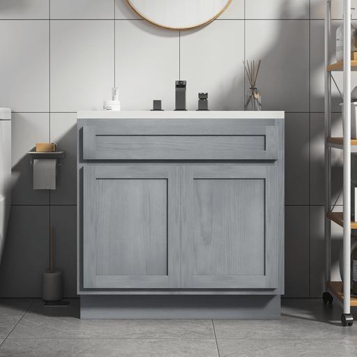 HomeBeyond 39-inch gray wood-grain bathroom vanity cabinet front view with double shaker doors and white sink top