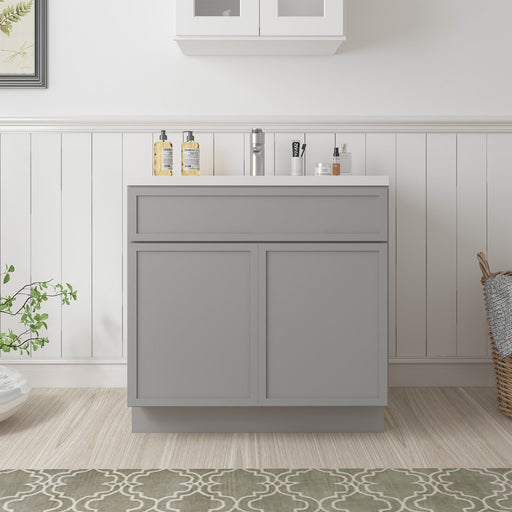 Light gray 39-inch freestanding bathroom vanity base cabinet closed doors with white sink countertop