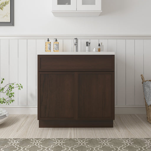 Dark espresso 39-inch freestanding bathroom vanity base cabinet closed front view in bathroom setting