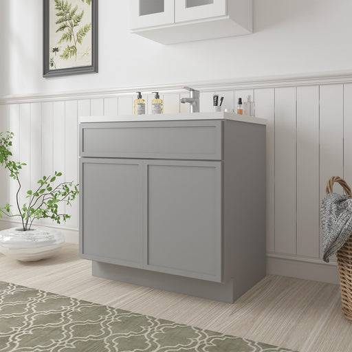 Light gray 39-inch freestanding bathroom vanity base cabinet angled view with sink and widespread faucet