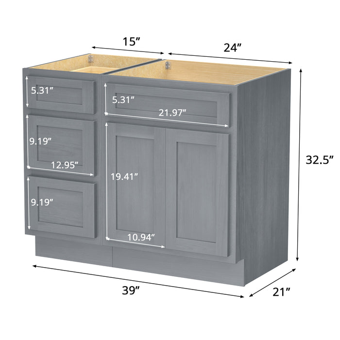 39" Modern Freestanding Oak Plywood Bathroom Vanity Base Only – Shaker Style Storage Cabinet with 3 Drawers & 1 Soft-Closing Door VA4024-153 - HomeBeyond