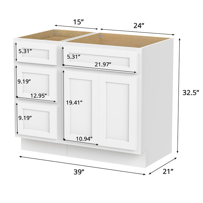 39" Modern Freestanding Oak Plywood Bathroom Vanity Base Only – Shaker Style Storage Cabinet with 3 Drawers & 1 Soft-Closing Door VA4024-153 - HomeBeyond