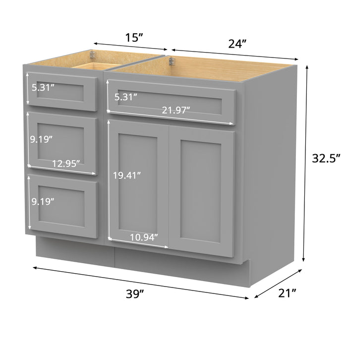39" Modern Freestanding Oak Plywood Bathroom Vanity Base Only – Shaker Style Storage Cabinet with 3 Drawers & 1 Soft-Closing Door VA4024-153 - HomeBeyond