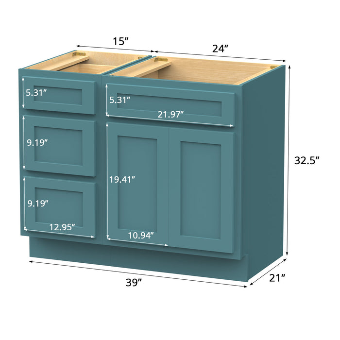 39" Modern Freestanding Oak Plywood Bathroom Vanity Base Only – Shaker Style Storage Cabinet with 3 Drawers & 1 Soft-Closing Door VA4024-153 - HomeBeyond