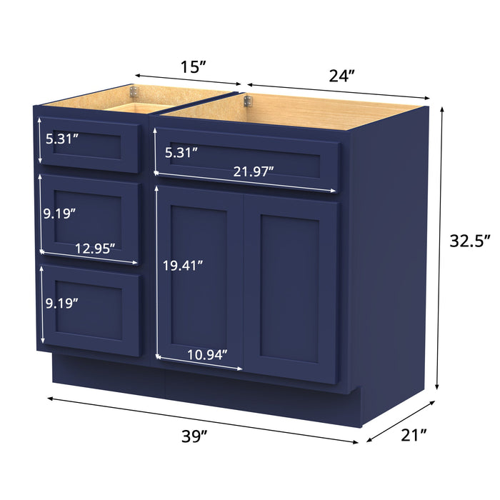 39" Modern Freestanding Oak Plywood Bathroom Vanity Base Only – Shaker Style Storage Cabinet with 3 Drawers & 1 Soft-Closing Door VA4024-153 - HomeBeyond