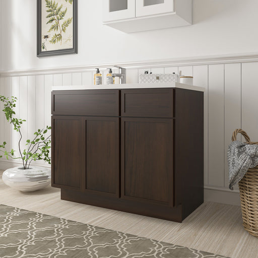 39-inch dark walnut bathroom vanity cabinet angled view with white countertop in bright bathroom