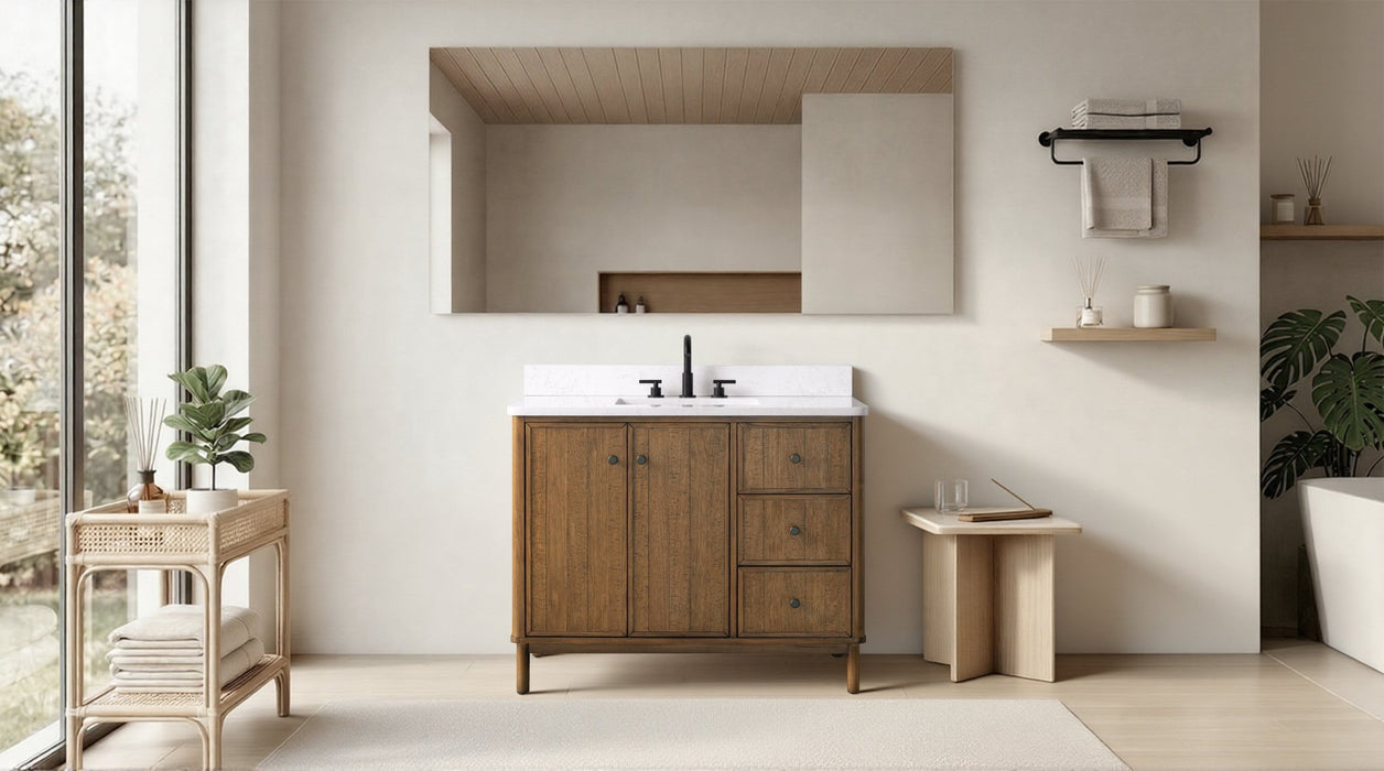 42" Freestanding Bathroom Vanity with Milano Mist Engineered Stone Countertop, Integrated Ceramic Sink, Hidden Power & USB Charging Station and Hair Dryer Storage - HomeBeyond