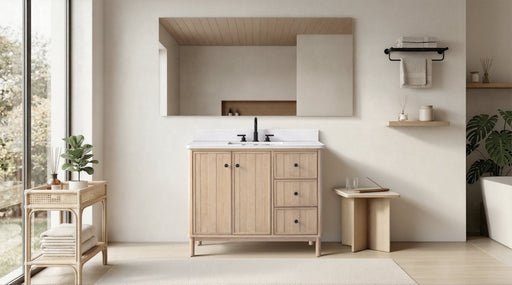 42" Freestanding Bathroom Vanity with Milano Mist Engineered Stone Countertop, Integrated Ceramic Sink, Hidden Power & USB Charging Station and Hair Dryer Storage - HomeBeyond