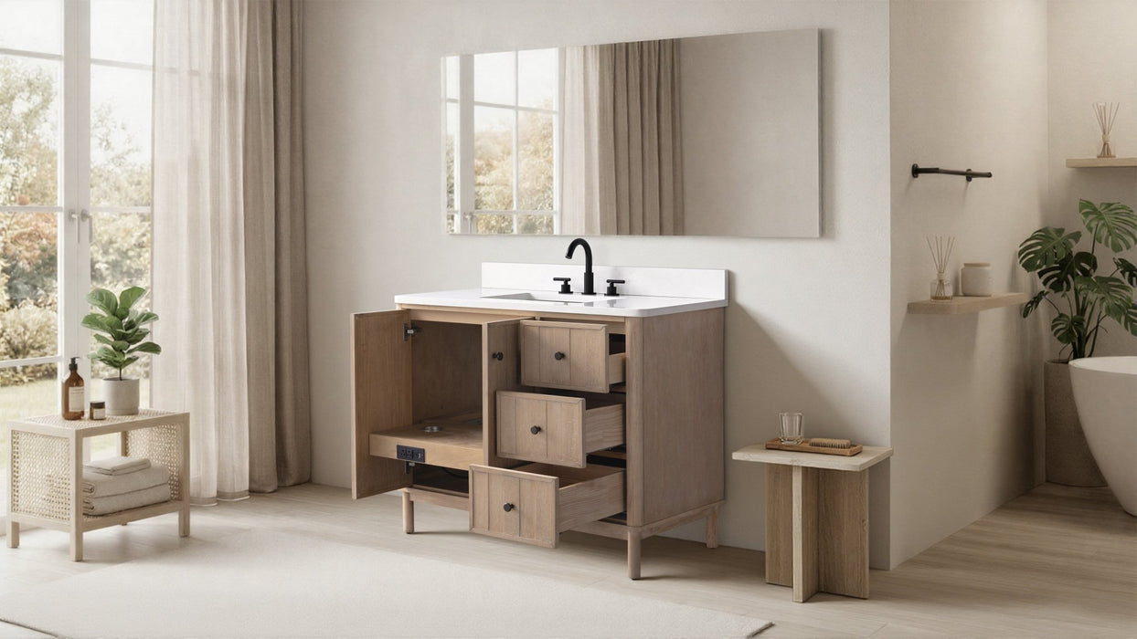 42" Freestanding Bathroom Vanity with Milano Mist Engineered Stone Countertop, Integrated Ceramic Sink, Hidden Power & USB Charging Station and Hair Dryer Storage - HomeBeyond