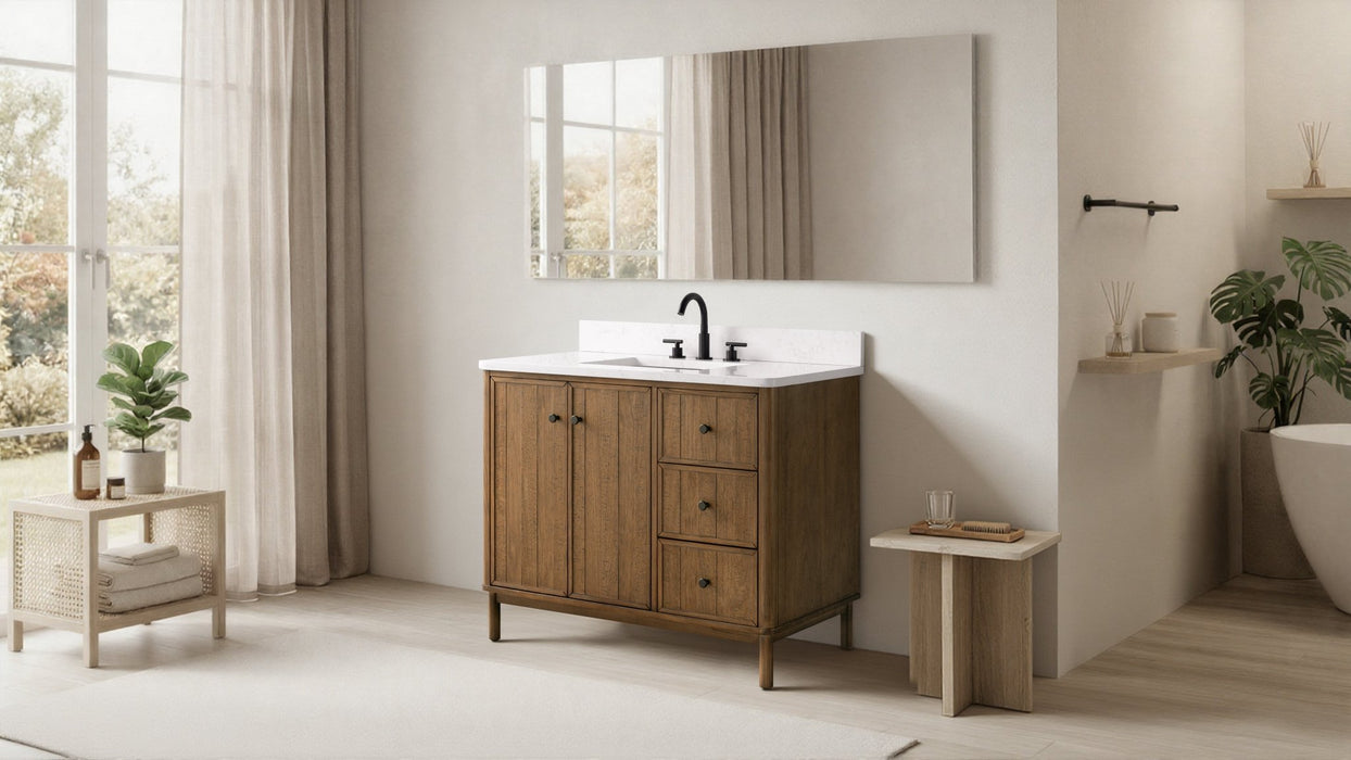 42" Freestanding Bathroom Vanity with Milano Mist Engineered Stone Countertop, Integrated Ceramic Sink, Hidden Power & USB Charging Station and Hair Dryer Storage - HomeBeyond