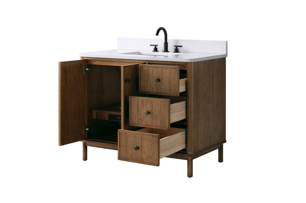 42" Freestanding Bathroom Vanity with Milano Mist Engineered Stone Countertop, Integrated Ceramic Sink, Hidden Power & USB Charging Station and Hair Dryer Storage - HomeBeyond