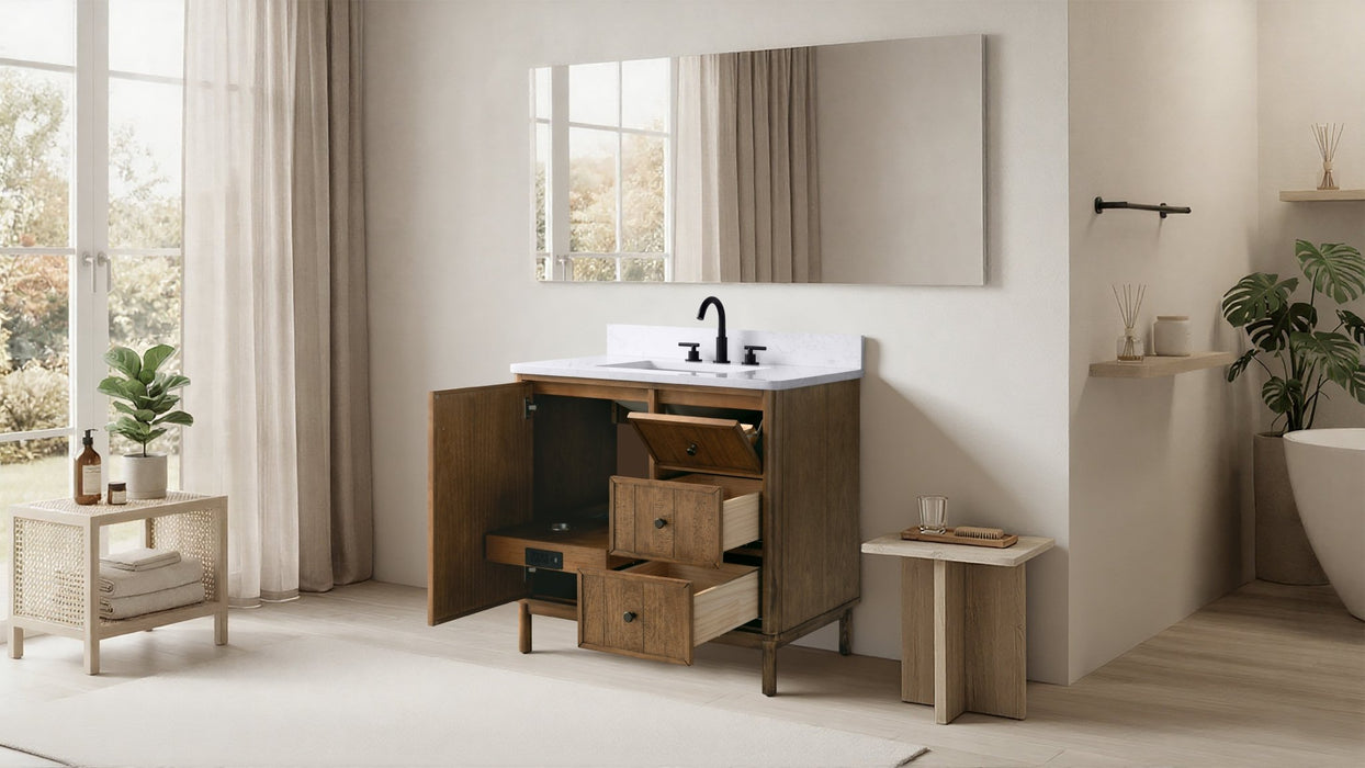 42" Freestanding Bathroom Vanity with Milano Mist Engineered Stone Countertop, Integrated Ceramic Sink, Hidden Power & USB Charging Station and Hair Dryer Storage - HomeBeyond