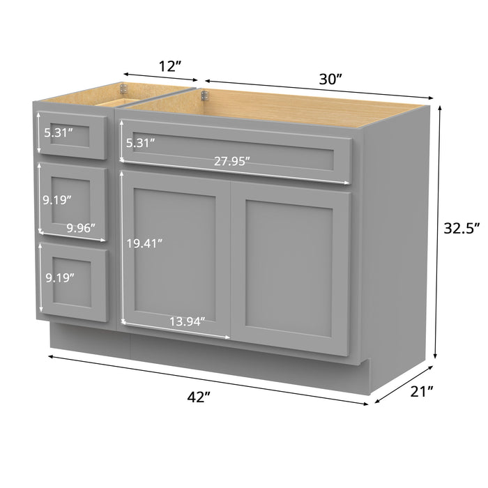 42" Modern Freestanding Oak Plywood Bathroom Vanity Base Only – Shaker Style Storage Cabinet with 3 Drawers & 2 Soft-Closing Doors VA4030-123 - HomeBeyond